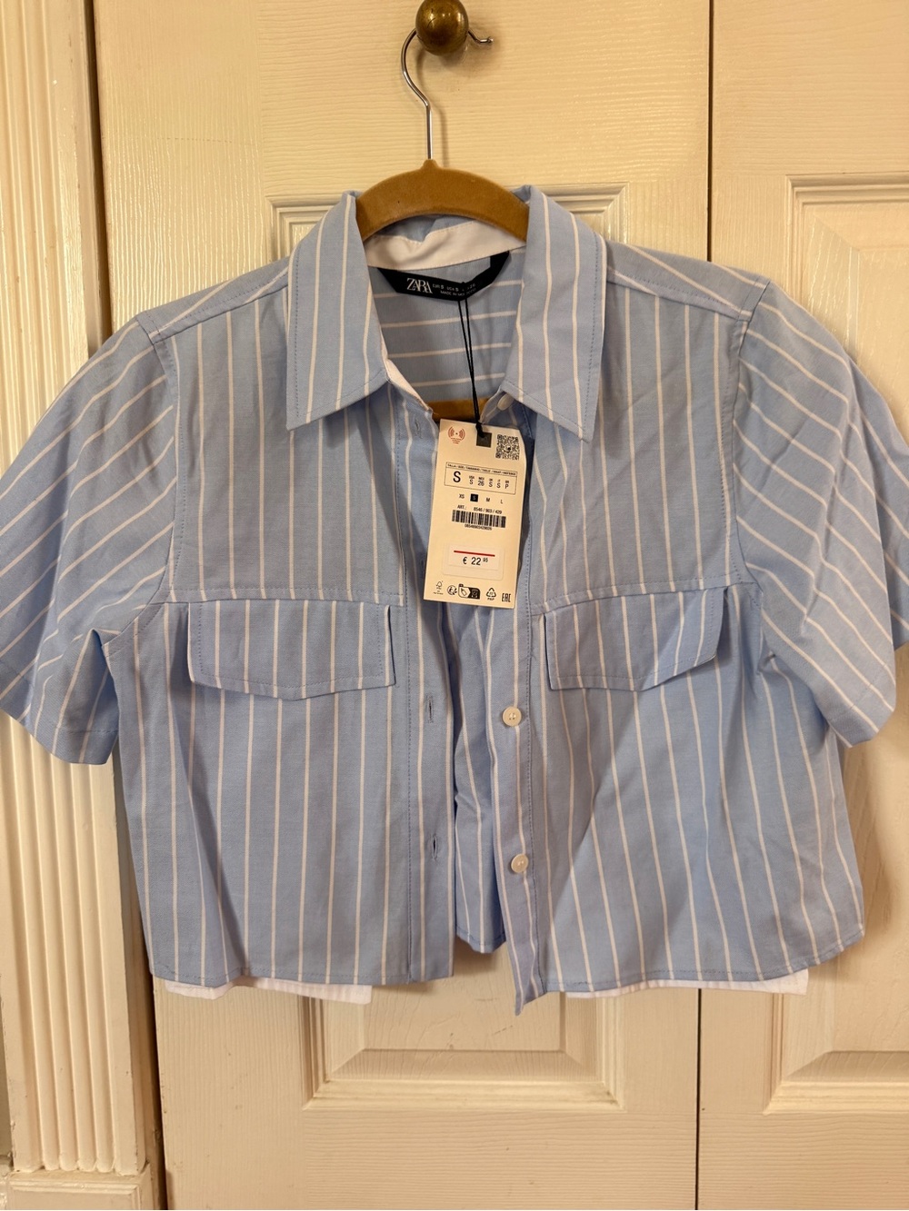 Zara Pale Blue and White Vertical Stripe Cropped Shirt